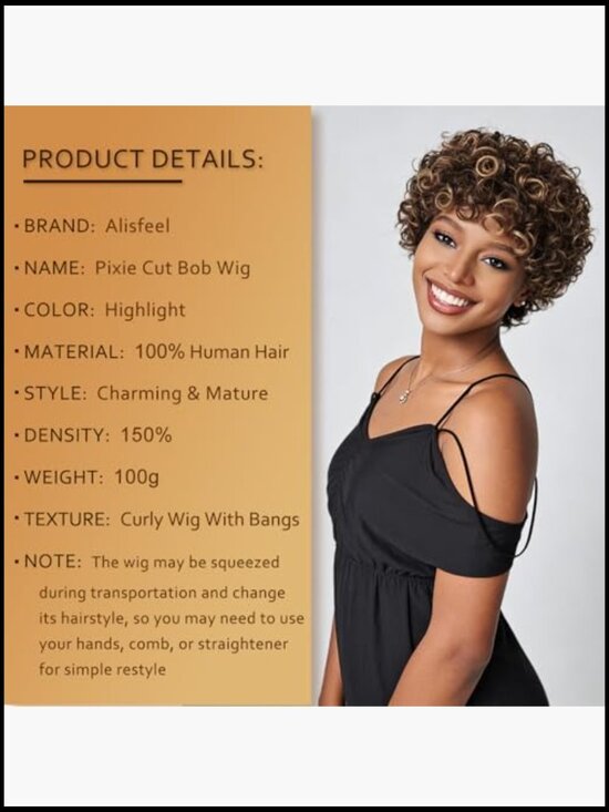 Short Curly Pixie Cut Wig with Bangs 100% Human Hair Lightweight 150% Density